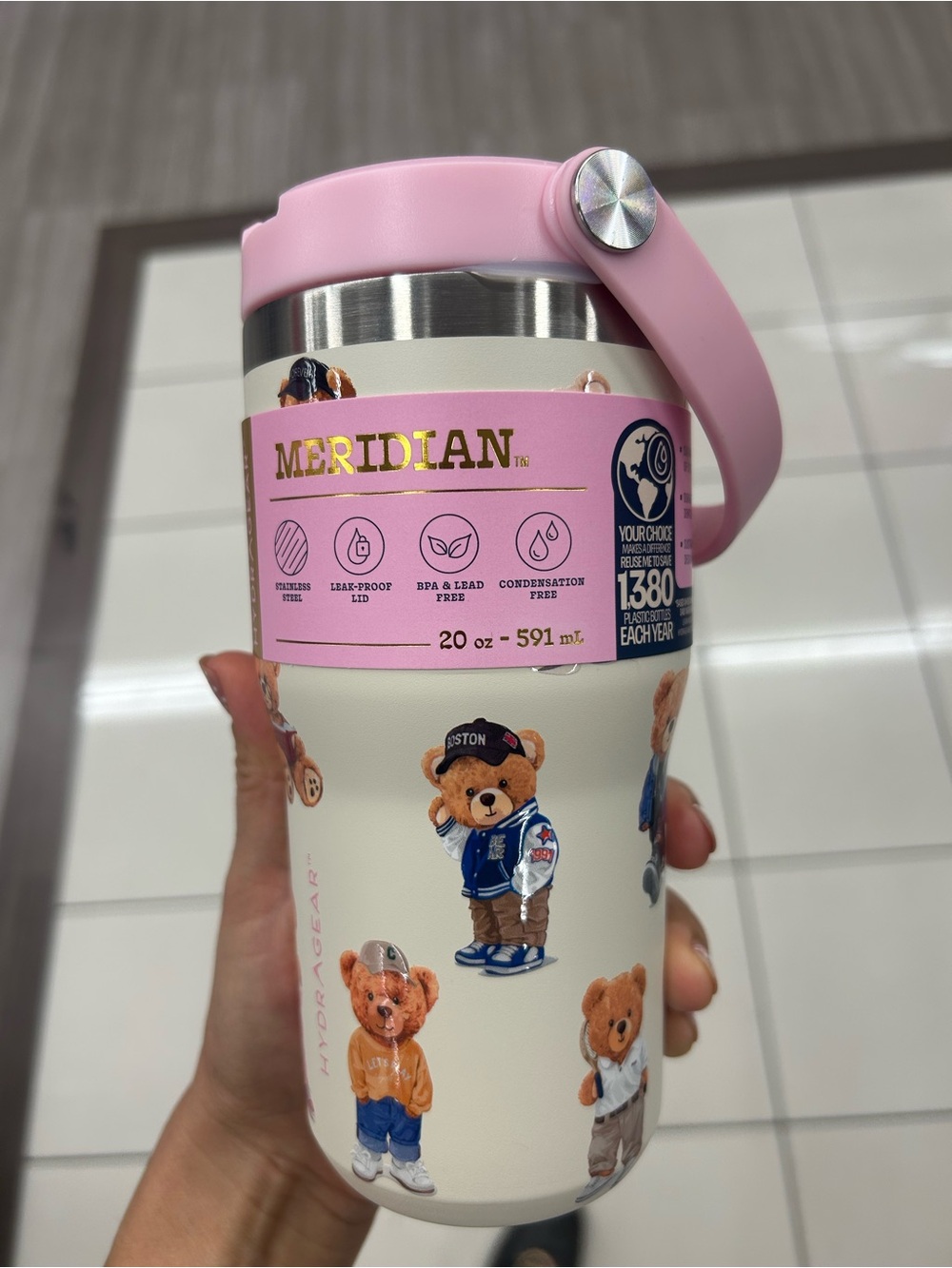 NWT Meridian Pink Bear Stainless Steel Water Bottle - 20 oz